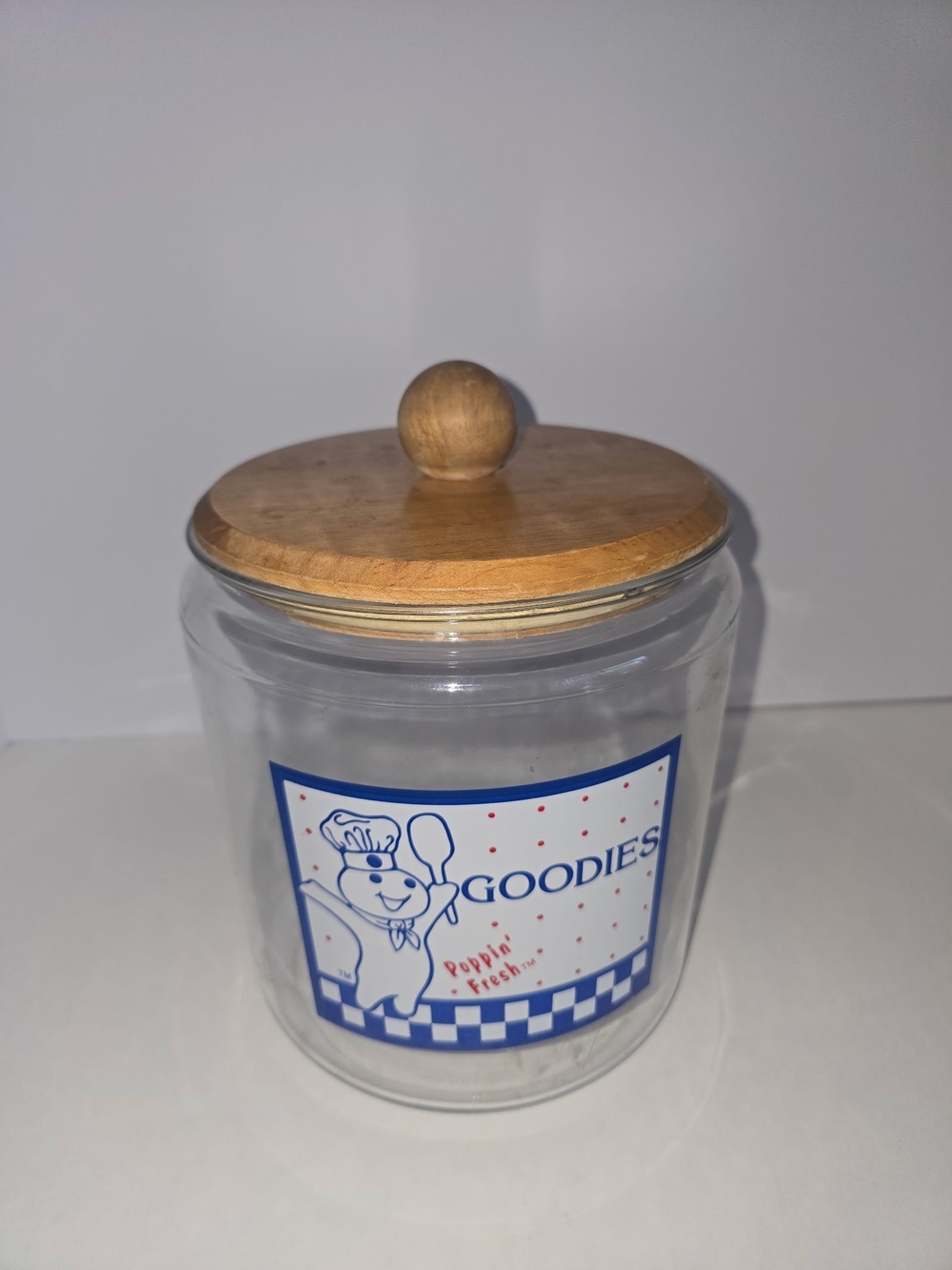 VTG Pillsbury Dough Boy Glass Cookie Jar with Wooden Lid